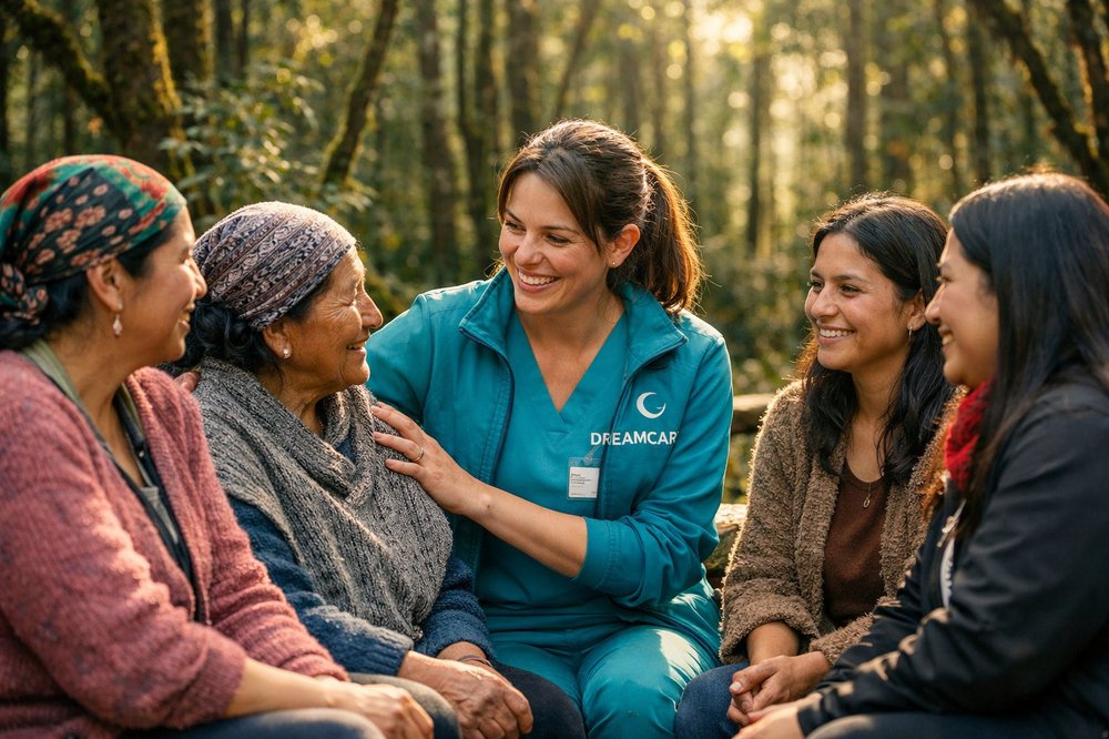 Facilitadora Dreamcare con mujeres de comunidad indígena en territorio forestal