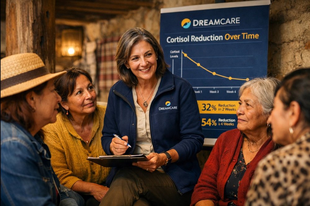 Facilitadora Dreamcare presentando resultados de reducción de cortisol